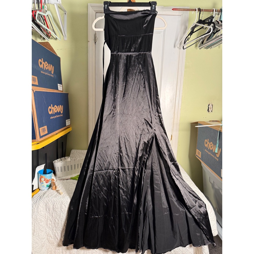Black Satin Strapless Maxi Dress Open Back High Slit Formal Gown 00651
